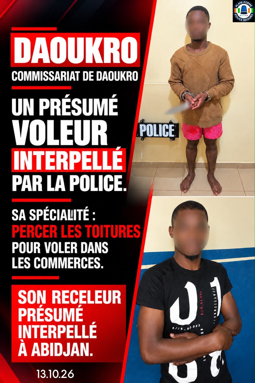 Côte d’Ivoire : un cambrioleur opérant par les toitures et son receleur présumé interpellés